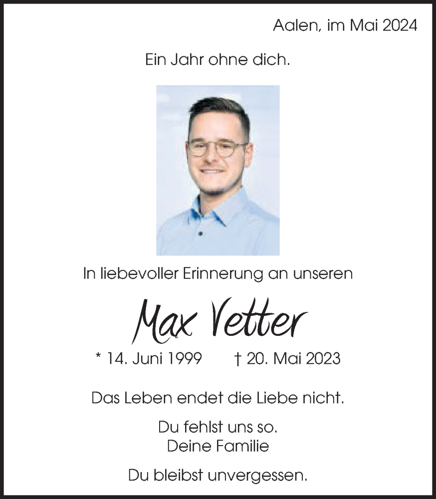 Traueranzeige für Max Vetter vom 18.05.2024 aus Schwäbische Post
