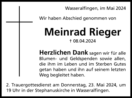 Traueranzeige von Meinrad Rieger von Schwäbische Post