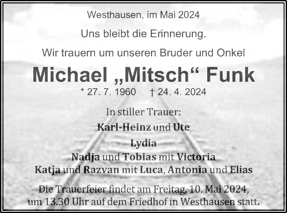  Traueranzeige für Michael  Funk vom 04.05.2024 aus Schwäbische Post