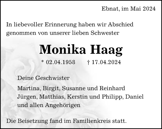 Traueranzeige von Monika Haag von Schwäbische Post