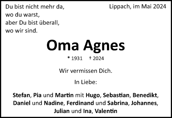 Traueranzeige von Oma Agnes  von Schwäbische Post