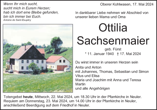 Traueranzeige von Ottilia Sachsenmaier von Schwäbische Post