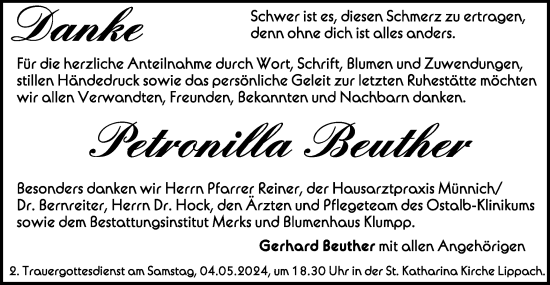 Traueranzeige von Petronilla Beuther von Schwäbische Post