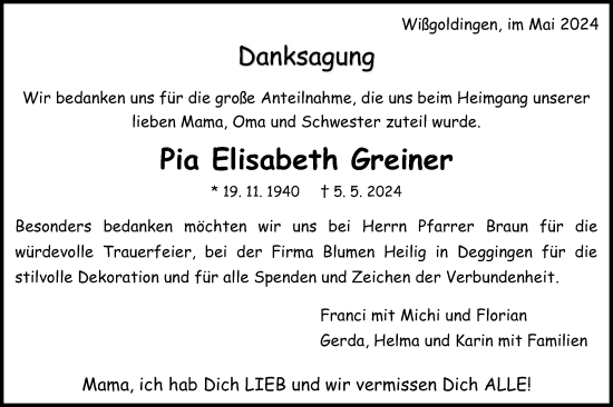 Traueranzeige von Pia Elisabeth Greiner von Gmünder Tagespost