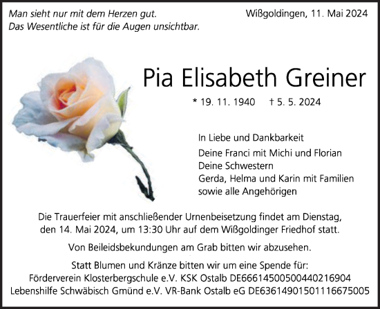 Traueranzeige von Pia Elisabeth Greiner von Gmünder Tagespost