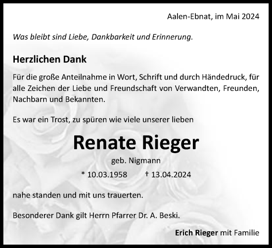 Traueranzeige von Renate Rieger von Schwäbische Post