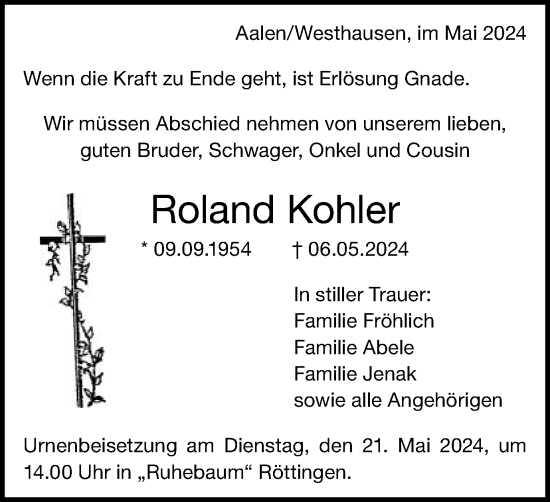 Traueranzeige von Roland Kohler von Schwäbische Post