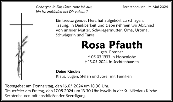 Traueranzeige von Rosa Pfauth von Schwäbische Post