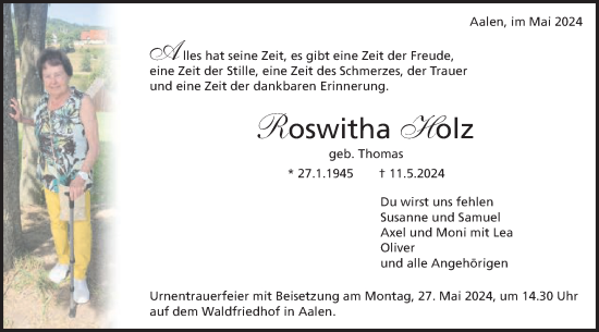 Traueranzeige von Roswitha Holz von Schwäbische Post