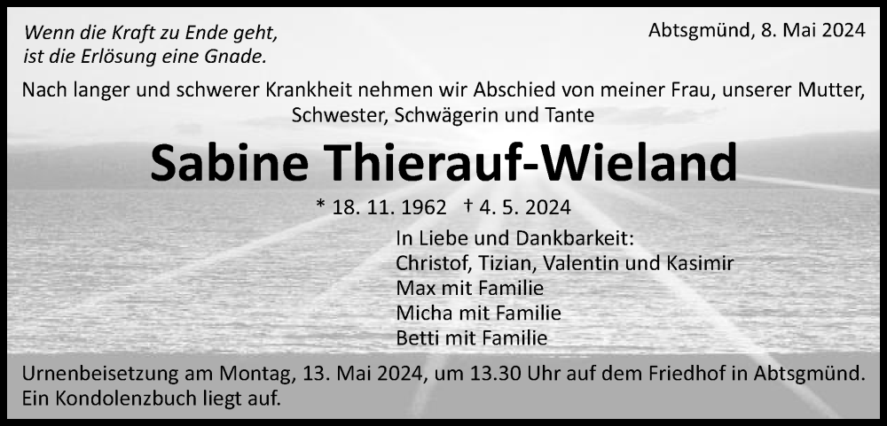  Traueranzeige für Sabine Thierauf-Wieland vom 08.05.2024 aus Schwäbische Post