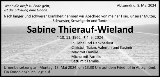 Traueranzeige von Sabine Thierauf-Wieland von Schwäbische Post