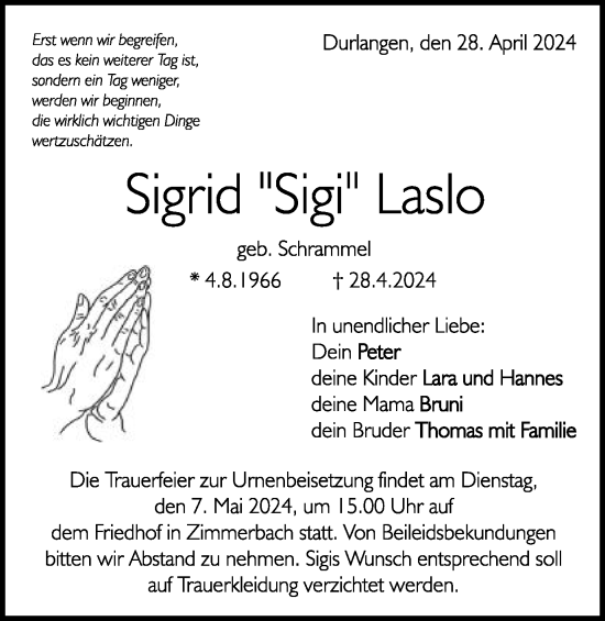 Traueranzeige von Sigrid Laslo von Gmünder Tagespost