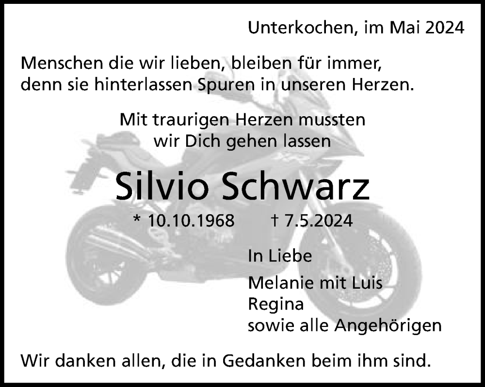  Traueranzeige für Silvio Schwarz vom 11.05.2024 aus Schwäbische Post