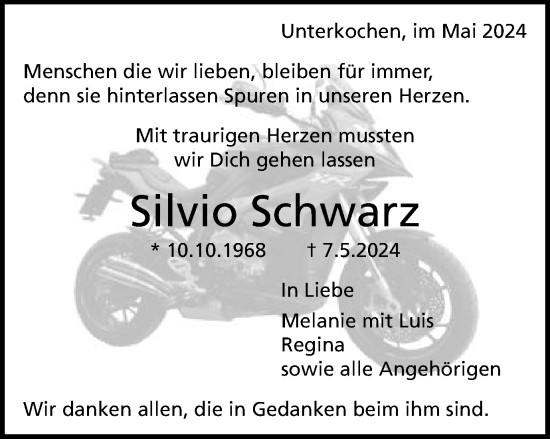 Traueranzeige von Silvio Schwarz von Schwäbische Post