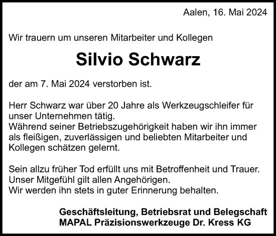 Traueranzeige von Silvio Schwarz von Schwäbische Post