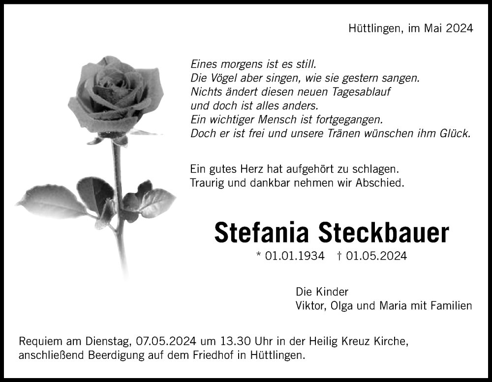  Traueranzeige für Stefania Steckbauer vom 04.05.2024 aus Schwäbische Post
