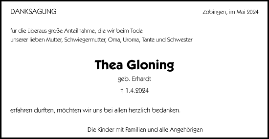 Traueranzeige von Thea Gloning von Schwäbische Post