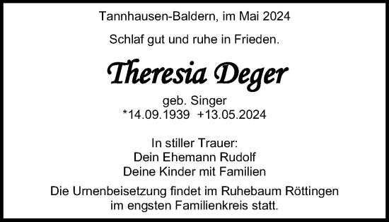 Traueranzeige von Theresia Deger von Schwäbische Post