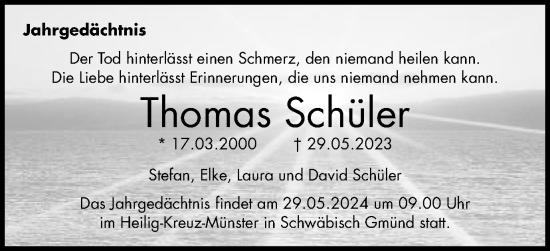 Traueranzeige von Thomas Schüler von Gmünder Tagespost