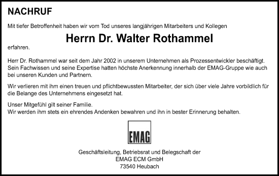 Traueranzeige von Walter Rothammel von Gmünder Tagespost