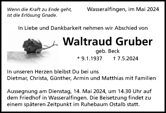 Traueranzeige von Waltraud Gruber von Schwäbische Post