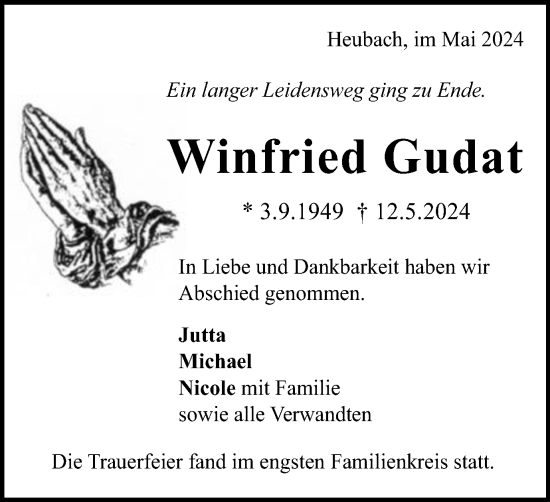Traueranzeige von Winfried Gudat von Gmünder Tagespost