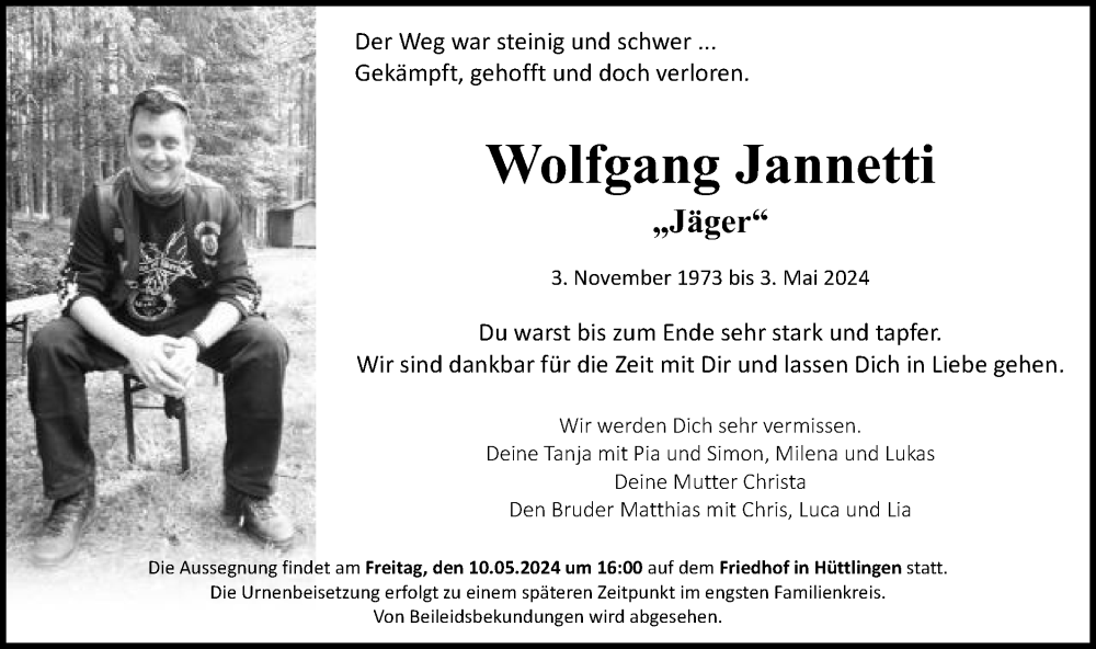  Traueranzeige für Wolfgang Jannetti vom 07.05.2024 aus Schwäbische Post