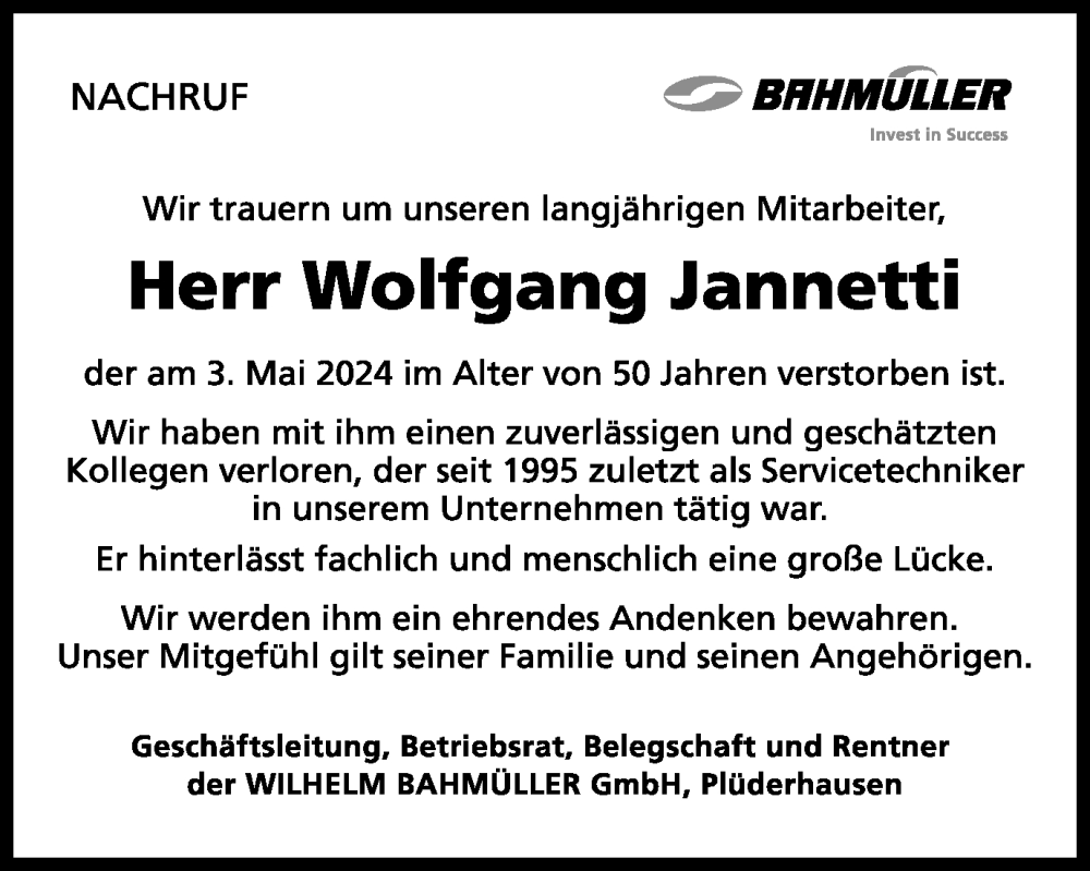  Traueranzeige für Wolfgang Jannetti vom 07.05.2024 aus Gmünder Tagespost