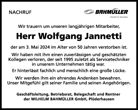 Traueranzeige von Wolfgang Jannetti von Gmünder Tagespost