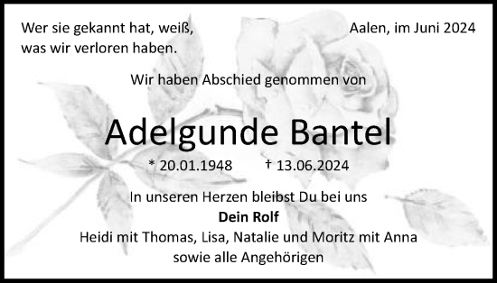 Traueranzeige von Adelgunde Bantel von Schwäbische Post