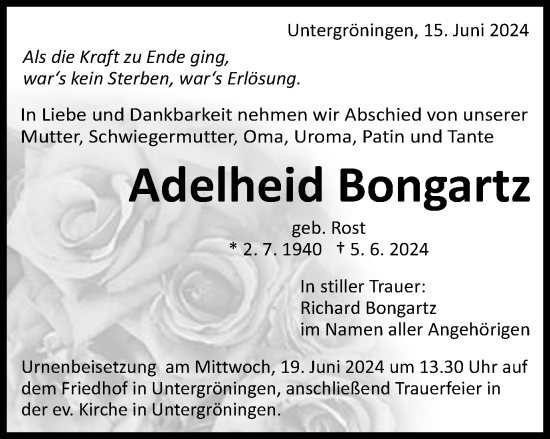 Traueranzeige von Adelheid Bongartz von Gmünder Tagespost