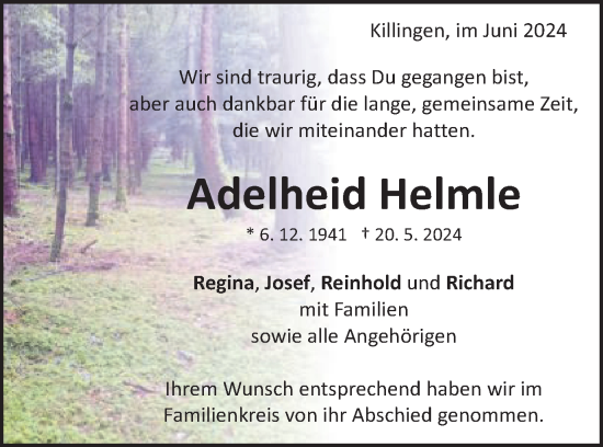 Traueranzeige von Adelheid Heimle von Schwäbische Post