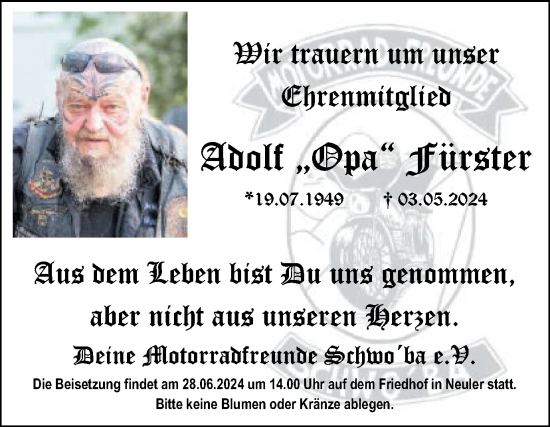 Traueranzeige von Adolf Fürster von Schwäbische Post