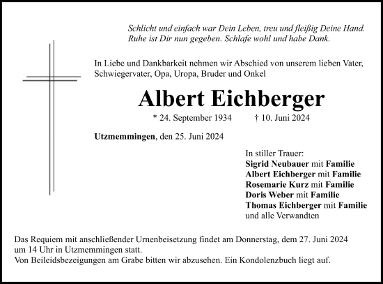 Traueranzeige von Albert Eichberger von Schwäbische Post