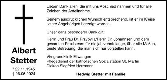 Traueranzeige von Albert Stetter von Schwäbische Post