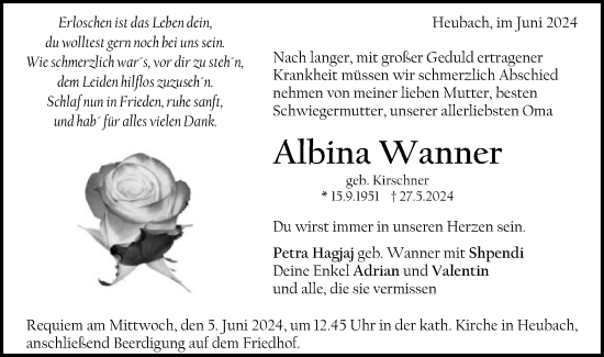Traueranzeige von Albina Wanner von Gmünder Tagespost