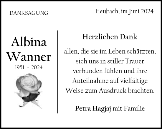 Traueranzeige von Albina Wanner von Schwäbische Post
