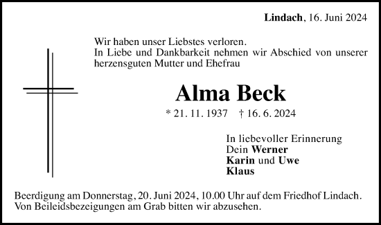Traueranzeige von Alma Beck von Gmünder Tagespost