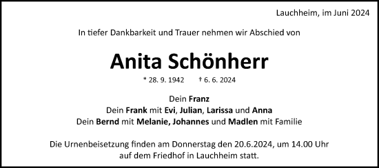Traueranzeige von Anita Schönherr von Schwäbische Post