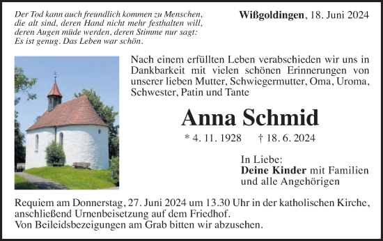 Traueranzeige von Anna Schmid von Gmünder Tagespost