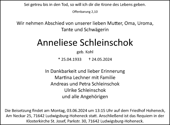 Traueranzeige von Anneliese Schleinschok von Schwäbische Post