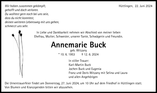 Traueranzeige von Annemarie Buck von Schwäbische Post