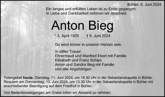 Traueranzeige von Anton Bieg von Schwäbische Post
