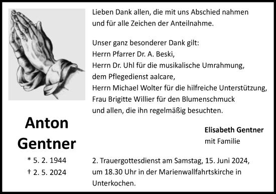 Traueranzeige von Anton Gentner von Schwäbische Post