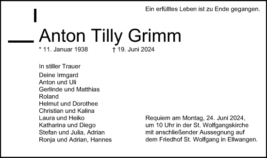 Traueranzeige von Anton Tilly Grimm von Schwäbische Post