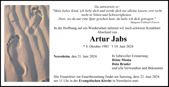 Traueranzeige von Artur Jabs von Schwäbische Post