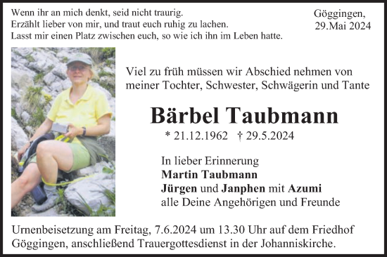 Traueranzeige von Bärbel Taubmann von Gmünder Tagespost
