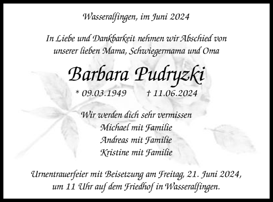 Traueranzeige von Barbara Pudryzki von Schwäbische Post