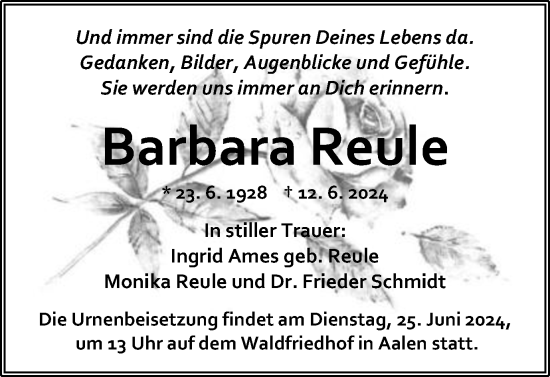 Traueranzeige von Barbara Reule von Schwäbische Post