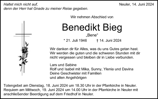 Traueranzeige von Benedikt Bieg von Schwäbische Post